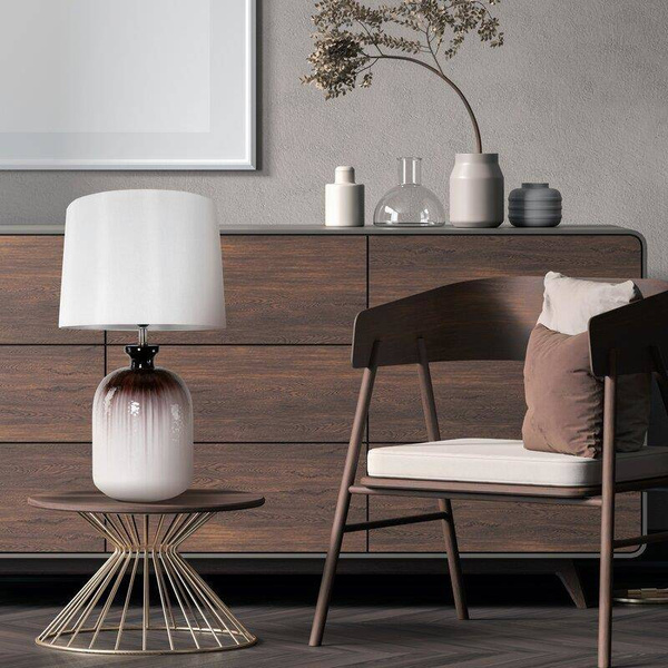 Stolna lampa krem na staklenoj podlozi sa sjenilom smeđam i abažuru od mat tkanine 38X43X73 Livia