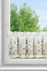 Bijelo-žuta kuhinjska zavjesa od gaze ukrašena cvjetnim printom i čipkom, 150x30 cm, tunel ROZALIE