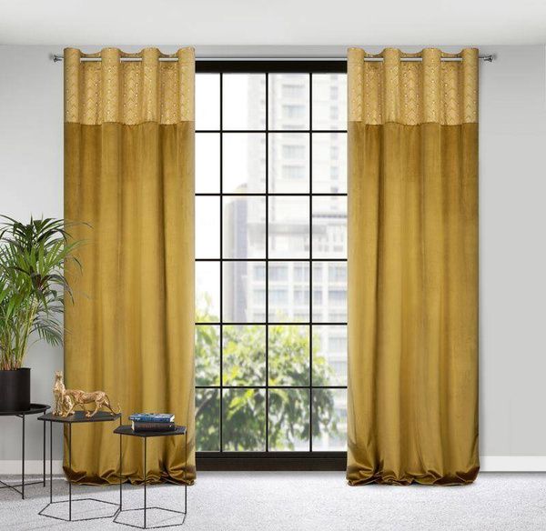 Baršunasta zavjesa s ukrasnom trakom i svijetlozlatnim geometrijskim printom na gornjem dijelu 140x250 Elen