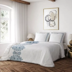 Ekskluzivna posteljina 220x200 cm pamučni saten, bijela, tamnoplava s ornamentalnim uzorkom Reina Line