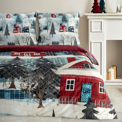 Božićni set posteljine 160x200 cm od pamučnog satena, crvene, plave boje, ukrašen printom božićnog grada NIKO