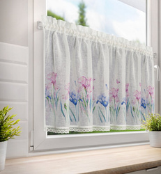 Bijela kuhinjska zavjesa od gaze ukrašena cvjetnim printom i čipkom, 150x60 cm, DOLOREZ tunel