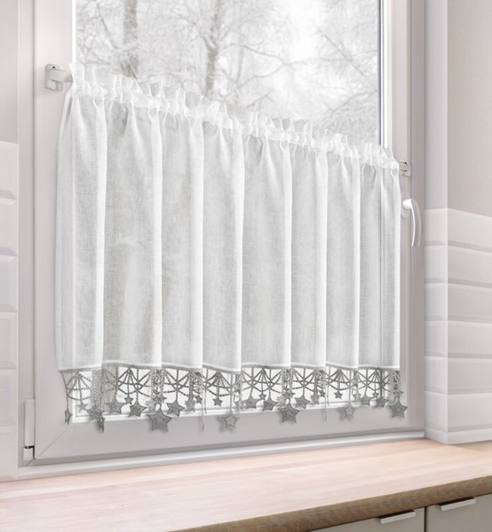 Bijelo-srebrna kuhinjska zavjesa od gaze ukrašena božićnim zvijezdama, tunel 150x60 cm - XMAS