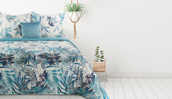 Bijela posteljina od mikrovlakana s printom plavog egzotičnog lišća 140x200 D91 Pilar
