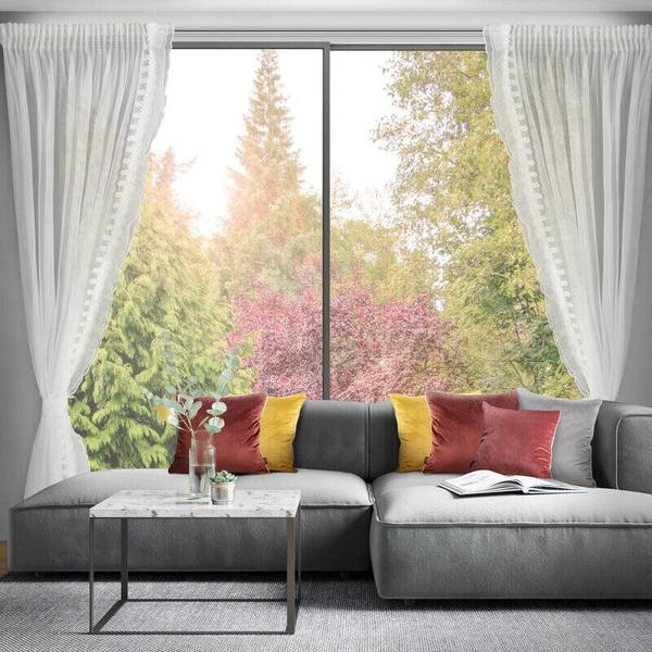 Set od 2 bijele zavjese ukrašene čipkom s biserima, uključujući špagu, 140x270 cm LARIS traka