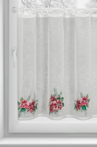 Božićna kuhinjska zavjesa, bijela i crvena, ukrašena printom božićne zvijezde, 150x90 cm, tregeri - XSMAS 3