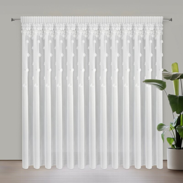 Bijela šifonska zavjesa ukrašena trodimenzionalnim ružama, 350x270 cm, traka - DIANA