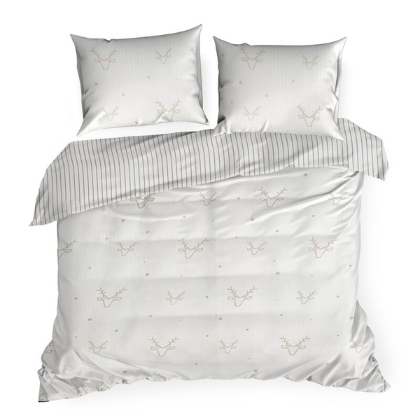 Božićni set posteljine 160x200 cm pamučni saten, bijela, bež, ukrašen suptilnim printom sobova BOSQUE