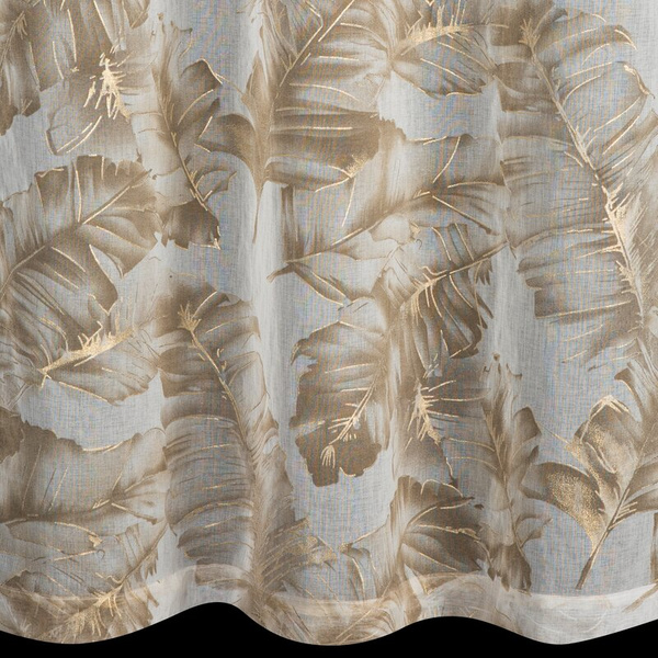 Bež zavjesa s printom lišća od gaze i zlatnim detaljima, 140x250 cm, s ušicama - LAYLA