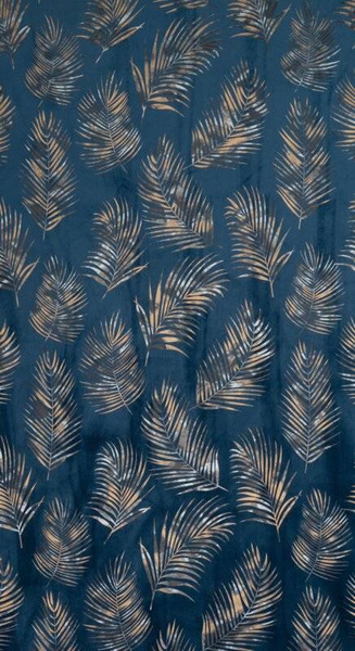 Tamnoplava zavjesa od mekog baršuna sa sjajnim printom palminog lišća 140x250 Gloria 