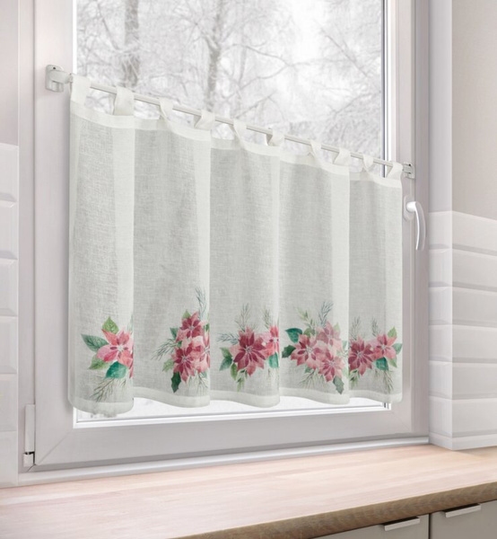 Božićna kuhinjska zavjesa, bijela i crvena, ukrašena printom božićne zvijezde, 150x60 cm, tregeri - XSMAS 3