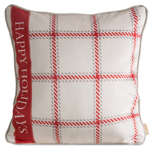 Božićna jastučnica 45x45 cm od baršuna, bež i crvena s kariranim uzorkom i rubovima, CLARK