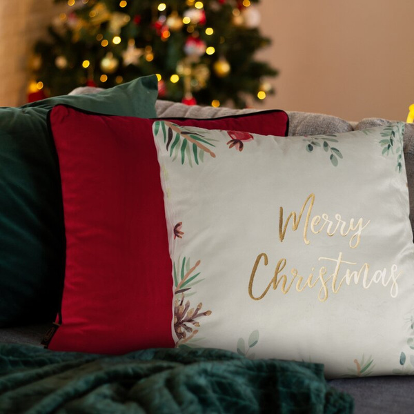 Božićna jastučnica 45x45 cm baršunasta bijela, zelena ukrašena printom