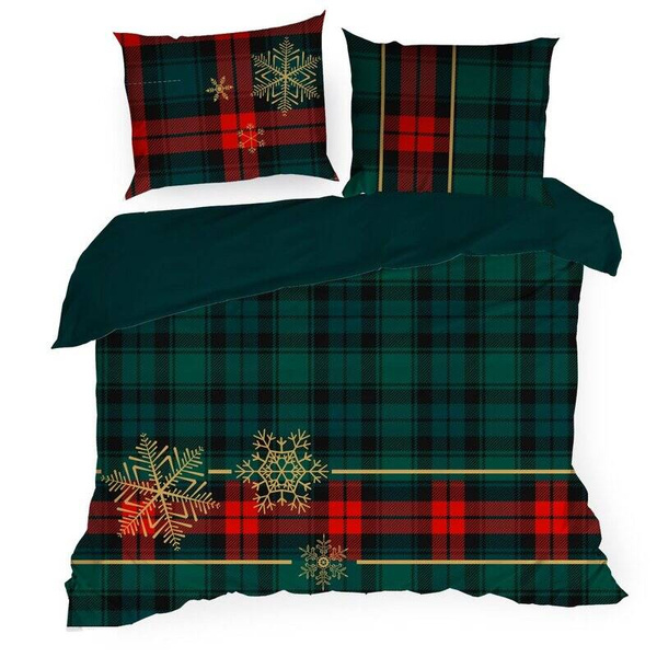 Božićna posteljina s kariranim uzorkom i zlatnim snježnim pahuljama 160x200 od pamučnog satena Star