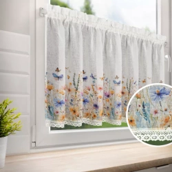 Bijelo-žuta kuhinjska zavjesa od gaze ukrašena cvjetnim printom i čipkom, 150x60 cm, tunel ROZALIE