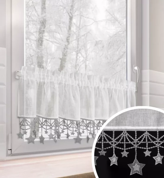 Bijelo-srebrna kuhinjska zavjesa od gaze ukrašena božićnim zvijezdama, tunel 150x30 cm - XMAS