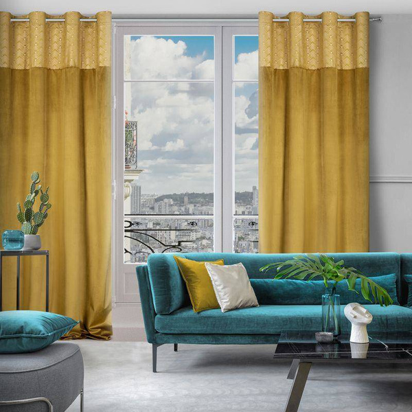 Baršunasta zavjesa s ukrasnom trakom i svijetlozlatnim geometrijskim printom na gornjem dijelu 140x250 Elen