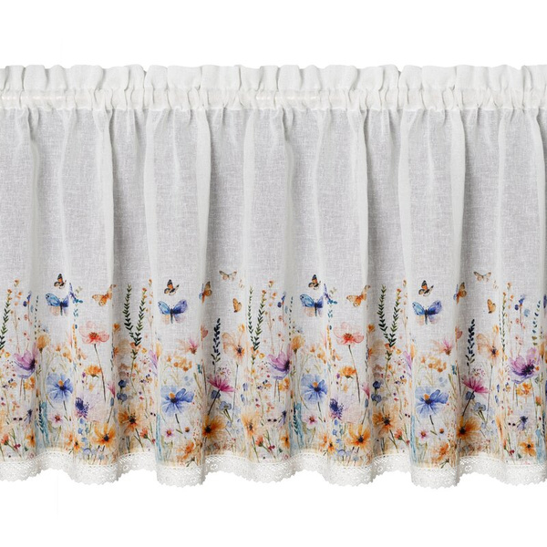 Bijelo-žuta kuhinjska zavjesa od gaze ukrašena cvjetnim printom i čipkom, 150x60 cm, tunel ROZALIE