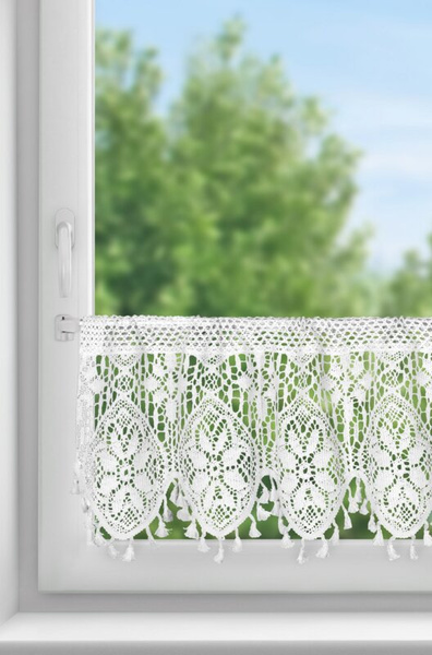 Ažurirana zavjesa za kuhinju 150x30 u boho stilu ukrašena suptilnim resama Moly