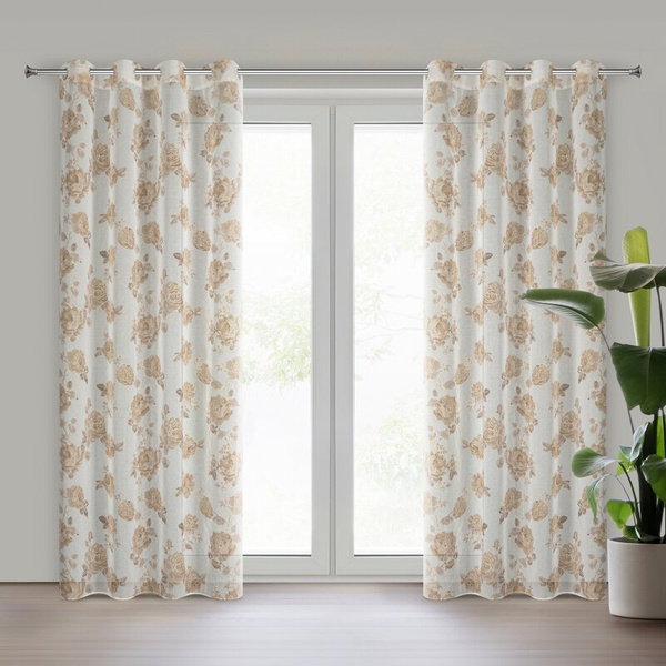 Zavjesa 140x250 ukrašena printom ruža s dodatkom zlata, izrađena od gaze, MELA 