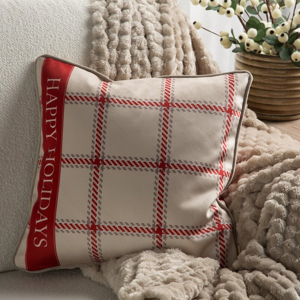 Božićna jastučnica 45x45 cm od baršuna, bež i crvena s kariranim uzorkom i rubovima, CLARK