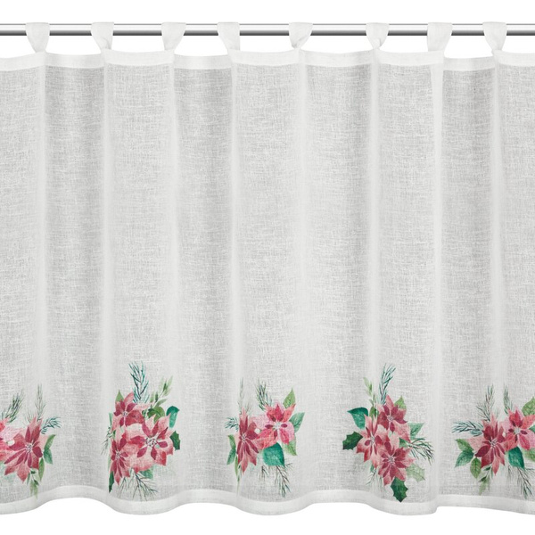 Božićna kuhinjska zavjesa, bijela i crvena, ukrašena printom božićne zvijezde, 150x90 cm, tregeri - XSMAS 3