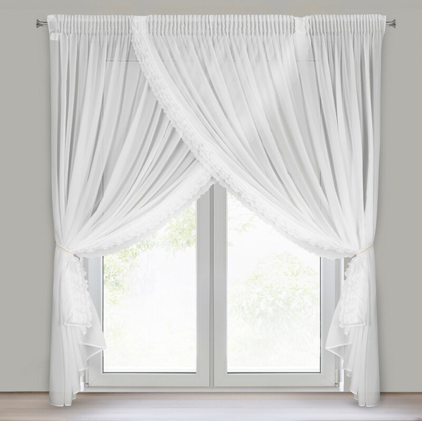 Bijela zavjesa od šifona ukrašena volanom, s vezicom, 400x250 cm LUISA 