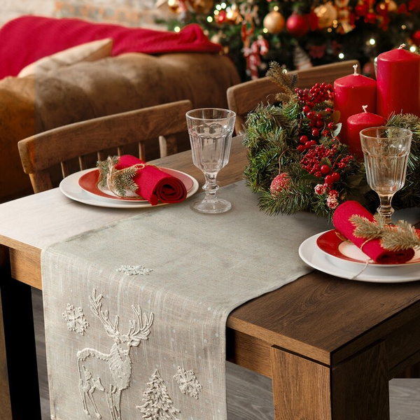 Božićni stolnjak 85x85 cm ukrašen nježnim printom, bež, lanena struktura