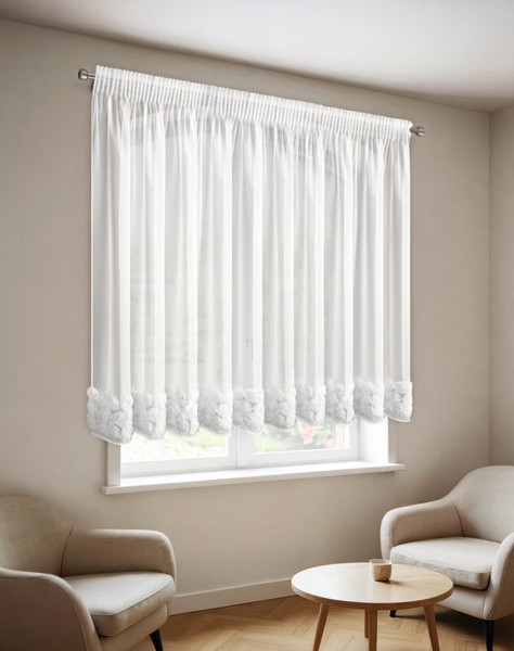 Bijela mrežasta zavjesa ukrašena 3D aplikacijom ruže, 350x160 cm, traka - ROSES3 - Eva Minge