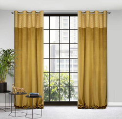 Baršunasta zavjesa s ukrasnom trakom i svijetlozlatnim geometrijskim printom na gornjem dijelu 140x250 Elen