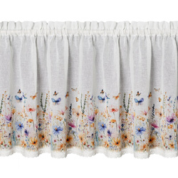 Bijelo-žuta kuhinjska zavjesa od gaze ukrašena cvjetnim printom i čipkom, 150x60 cm, tunel ROZALIE