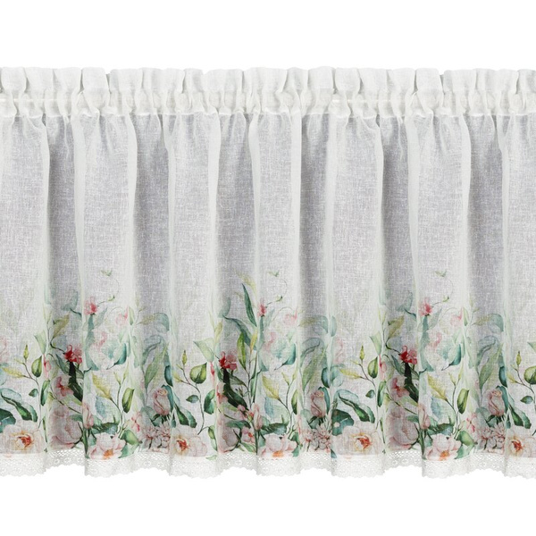 Bijelo-zelena kuhinjska zavjesa od gaze ukrašena cvjetnim printom i čipkom, 150x60 cm, ESTERA tunel