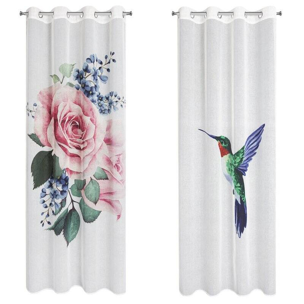 Set od 2 zavjese 140x260 od svijetlog etamina s motivom ruže i slatkog kolibrića LIA