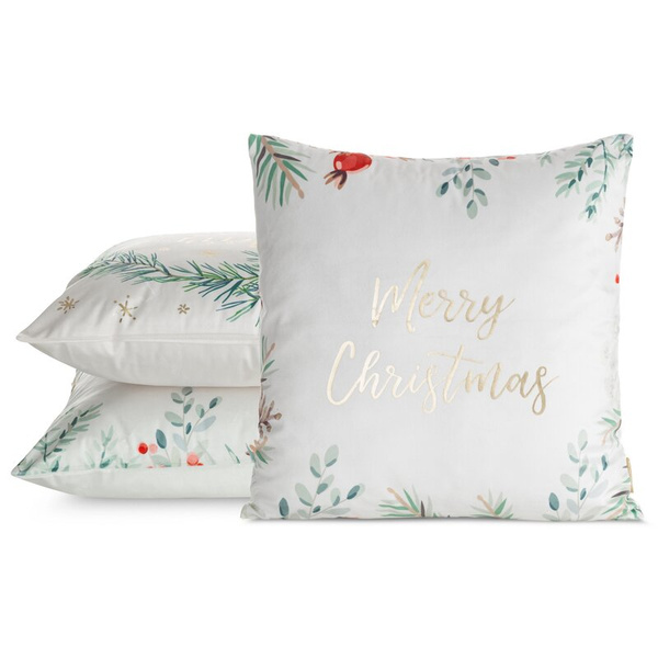 Božićna jastučnica 45x45 cm baršunasta bijela, zelena ukrašena printom