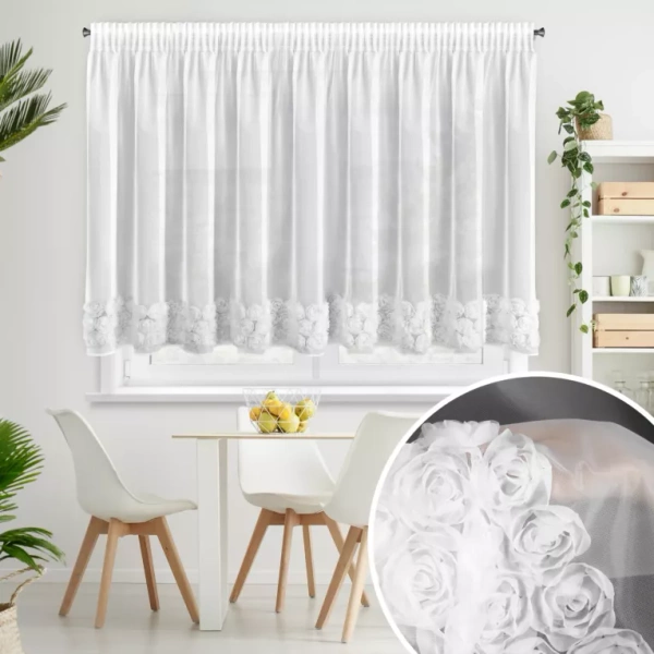 Bijela mrežasta zavjesa ukrašena 3D aplikacijom ruže, 350x160 cm, traka - ROSES3 - Eva Minge