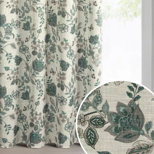 Prirodno plava zavjesa 140x250 od tkanine s dodatkom lana, ukrašena biljnim printom - TALI