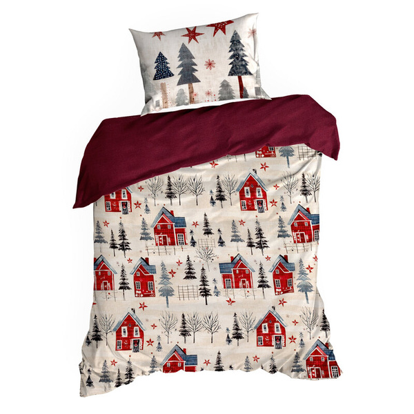 Božićna posteljina 140x200 cm pamučni saten, bordo, tamno krem ​​boja s printom zimskog grada ASHER