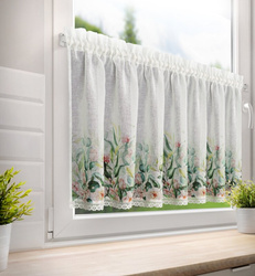 Bijelo-zelena kuhinjska zavjesa od gaze ukrašena cvjetnim printom i čipkom, 150x60 cm, ESTERA tunel