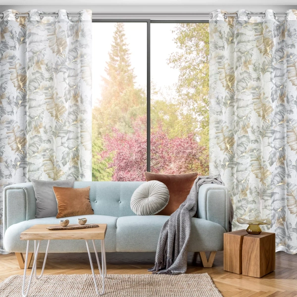 Bež zavjesa s printom lišća od gaze i srebrnim detaljima, 140x250 cm - LAYLA