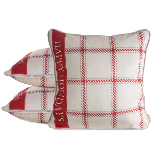 Božićna jastučnica 45x45 cm od baršuna, bež i crvena s kariranim uzorkom i rubovima, CLARK