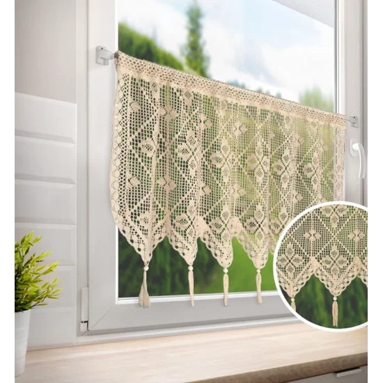 Ažurna kuhinjska zavjesa 150x60 u boho stilu s ukrasnim resicama MARTHA 