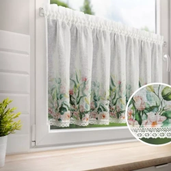 Bijelo-zelena kuhinjska zavjesa od gaze ukrašena cvjetnim printom i čipkom, 150x60 cm, ESTERA tunel