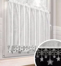 Bijelo-srebrna kuhinjska zavjesa od gaze ukrašena božićnim zvijezdama, tunel 150x90 cm - XMAS