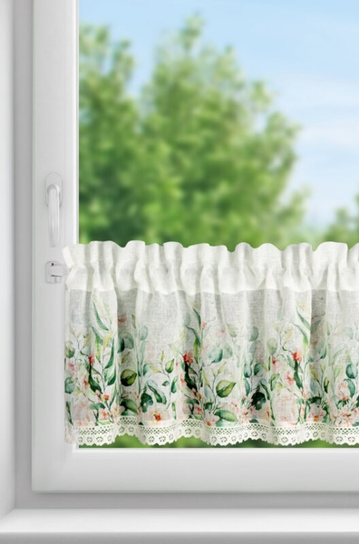 Bijelo-zelena kuhinjska zavjesa od gaze ukrašena cvjetnim printom i čipkom, 150x30 cm, ESTERA tunel