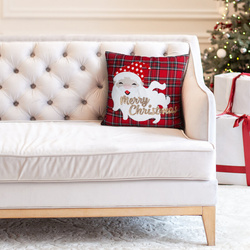 Božićna jastučnica 45x45 cm, crvena i bijela, karirana, ukrašena smiješnim vezom Djeda Mraza