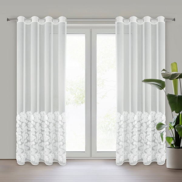 Bijela mrežasta zavjesa ukrašena cvijećem i malim 3D perlicama,, 140x250 cm, rupice - JASMIN 2 Eva Minge