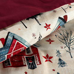 Božićna posteljina 160x200 cm pamučni saten, bordo, tamno krem boja s printom zimskog grada ASHER