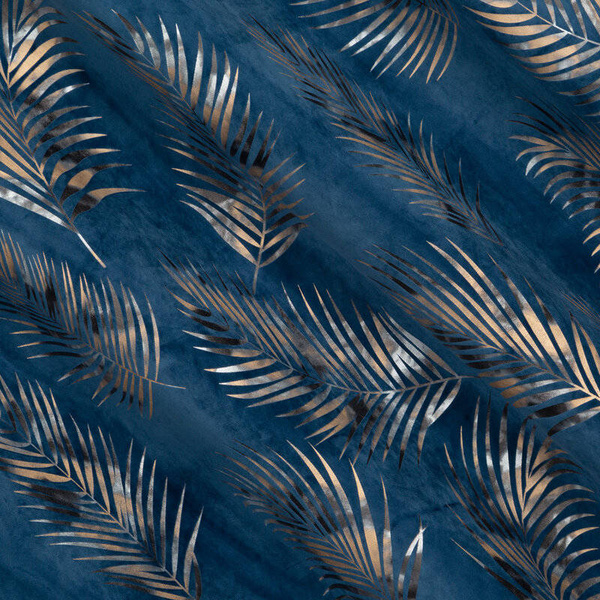 Tamnoplava zavjesa od mekog baršuna sa sjajnim printom palminog lišća 140x250 Gloria 