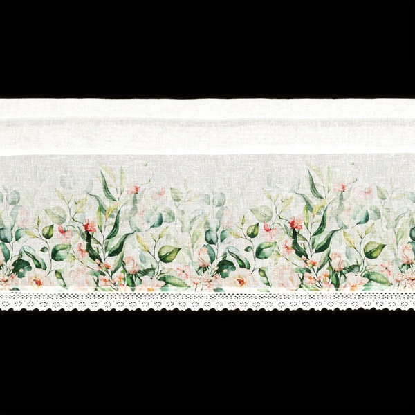 Bijelo-zelena kuhinjska zavjesa od gaze ukrašena cvjetnim printom i čipkom, 150x30 cm, ESTERA tunel