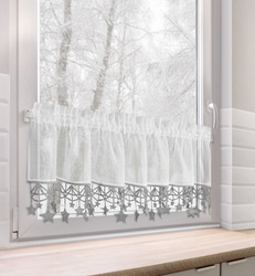 Bijelo-srebrna kuhinjska zavjesa od gaze ukrašena božićnim zvijezdama, tunel 150x30 cm - XMAS